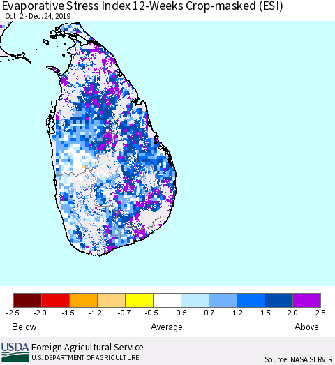 Sri Lanka Evaporative Stress Index (ESI), 12-Weeks over Croplands Thematic Map For 12/23/2019 - 12/29/2019