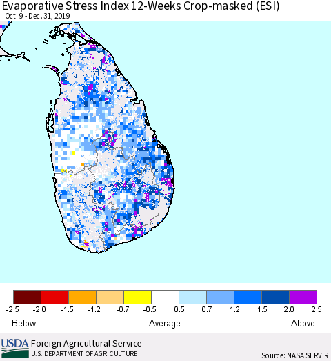 Sri Lanka Evaporative Stress Index (ESI), 12-Weeks over Croplands Thematic Map For 12/30/2019 - 1/5/2020