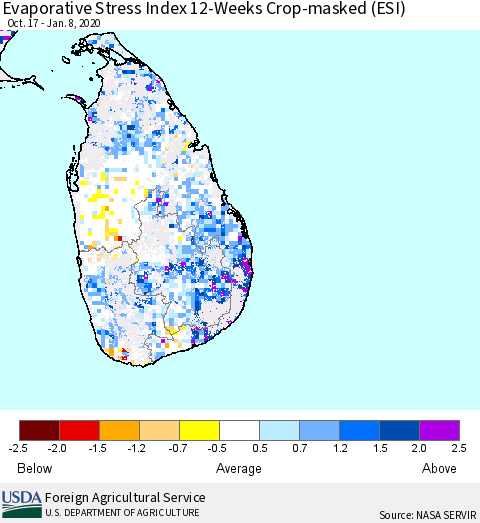 Sri Lanka Evaporative Stress Index (ESI), 12-Weeks over Croplands Thematic Map For 1/6/2020 - 1/12/2020