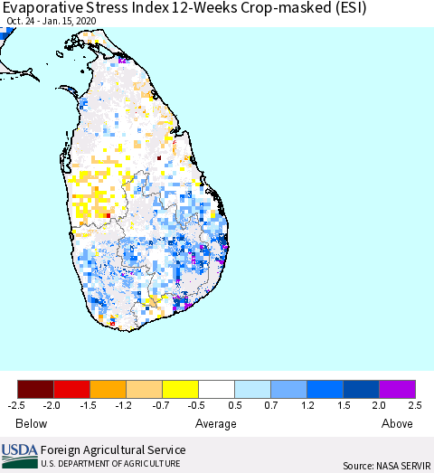 Sri Lanka Evaporative Stress Index (ESI), 12-Weeks over Croplands Thematic Map For 1/13/2020 - 1/19/2020