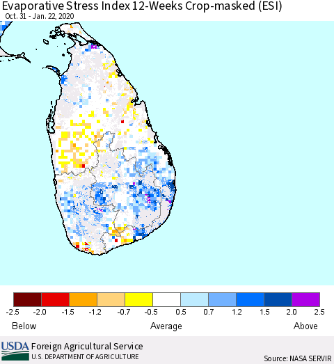 Sri Lanka Evaporative Stress Index (ESI), 12-Weeks over Croplands Thematic Map For 1/20/2020 - 1/26/2020