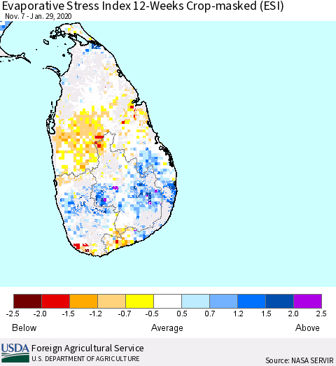 Sri Lanka Evaporative Stress Index (ESI), 12-Weeks over Croplands Thematic Map For 1/27/2020 - 2/2/2020