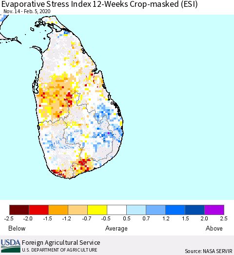 Sri Lanka Evaporative Stress Index (ESI), 12-Weeks over Croplands Thematic Map For 2/3/2020 - 2/9/2020