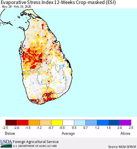 Sri Lanka Evaporative Stress Index (ESI), 12-Weeks over Croplands Thematic Map For 2/17/2020 - 2/23/2020