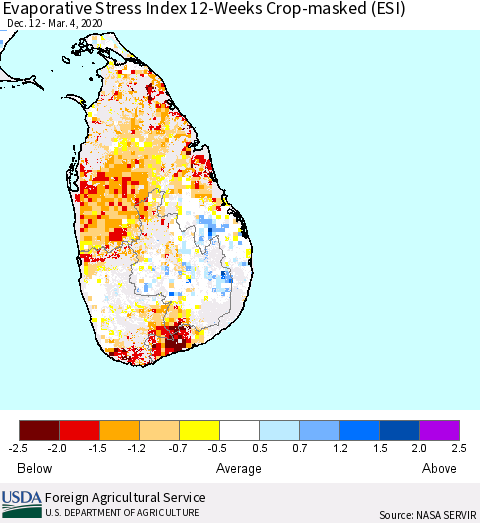 Sri Lanka Evaporative Stress Index (ESI), 12-Weeks over Croplands Thematic Map For 3/2/2020 - 3/8/2020