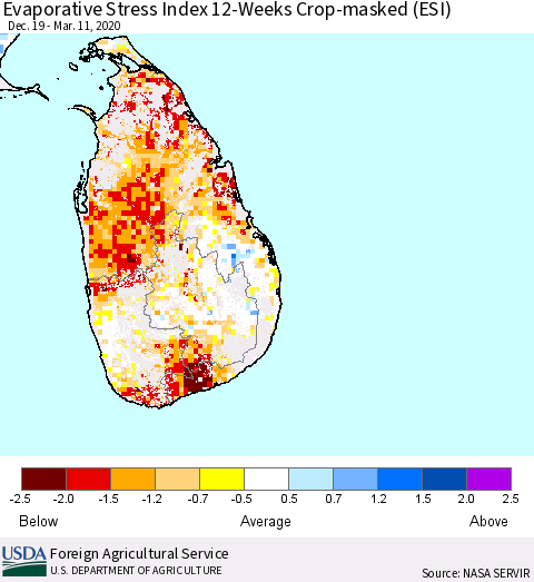 Sri Lanka Evaporative Stress Index (ESI), 12-Weeks over Croplands Thematic Map For 3/9/2020 - 3/15/2020