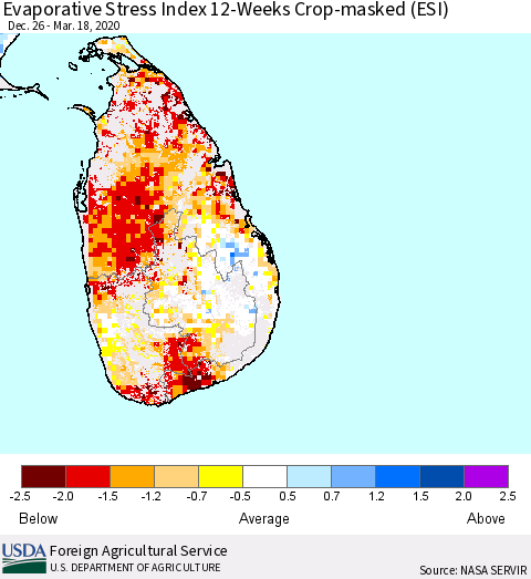 Sri Lanka Evaporative Stress Index (ESI), 12-Weeks over Croplands Thematic Map For 3/16/2020 - 3/22/2020