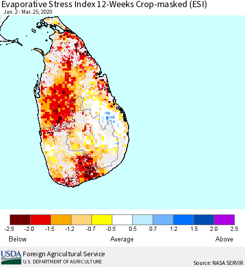 Sri Lanka Evaporative Stress Index (ESI), 12-Weeks over Croplands Thematic Map For 3/23/2020 - 3/29/2020