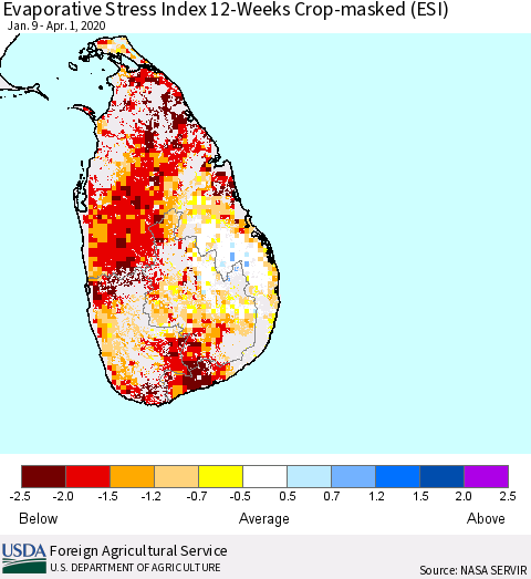 Sri Lanka Evaporative Stress Index (ESI), 12-Weeks over Croplands Thematic Map For 3/30/2020 - 4/5/2020