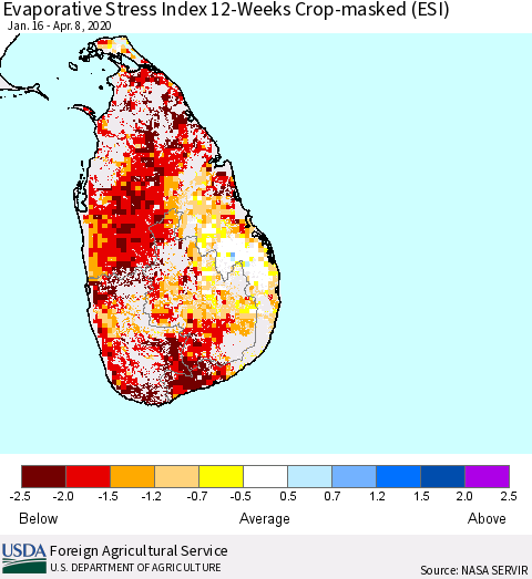 Sri Lanka Evaporative Stress Index (ESI), 12-Weeks over Croplands Thematic Map For 4/6/2020 - 4/12/2020