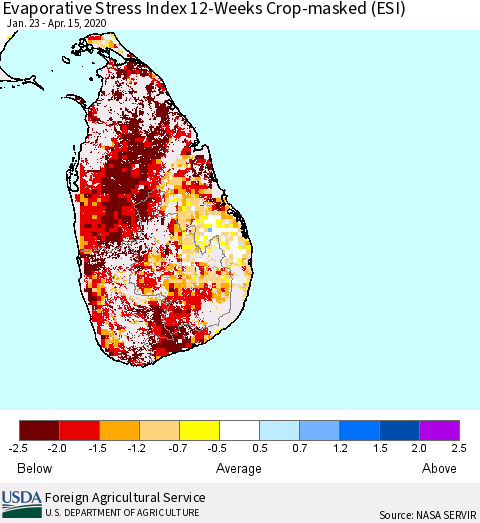 Sri Lanka Evaporative Stress Index (ESI), 12-Weeks over Croplands Thematic Map For 4/13/2020 - 4/19/2020