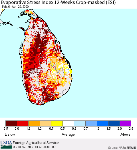 Sri Lanka Evaporative Stress Index (ESI), 12-Weeks over Croplands Thematic Map For 4/27/2020 - 5/3/2020