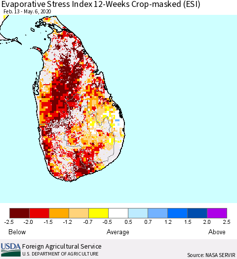Sri Lanka Evaporative Stress Index (ESI), 12-Weeks over Croplands Thematic Map For 5/4/2020 - 5/10/2020