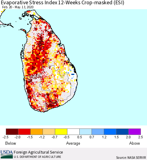 Sri Lanka Evaporative Stress Index (ESI), 12-Weeks over Croplands Thematic Map For 5/11/2020 - 5/17/2020