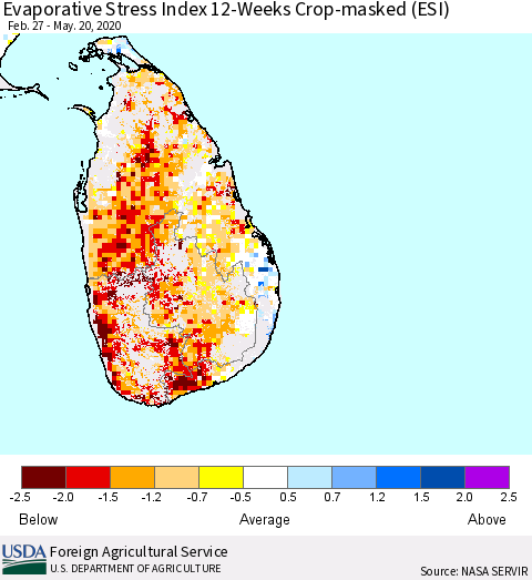 Sri Lanka Evaporative Stress Index (ESI), 12-Weeks over Croplands Thematic Map For 5/18/2020 - 5/24/2020