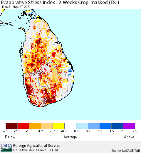 Sri Lanka Evaporative Stress Index (ESI), 12-Weeks over Croplands Thematic Map For 5/25/2020 - 5/31/2020