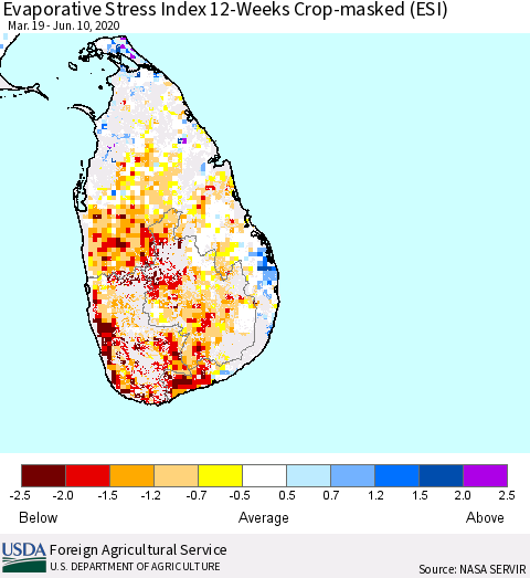 Sri Lanka Evaporative Stress Index (ESI), 12-Weeks over Croplands Thematic Map For 6/8/2020 - 6/14/2020