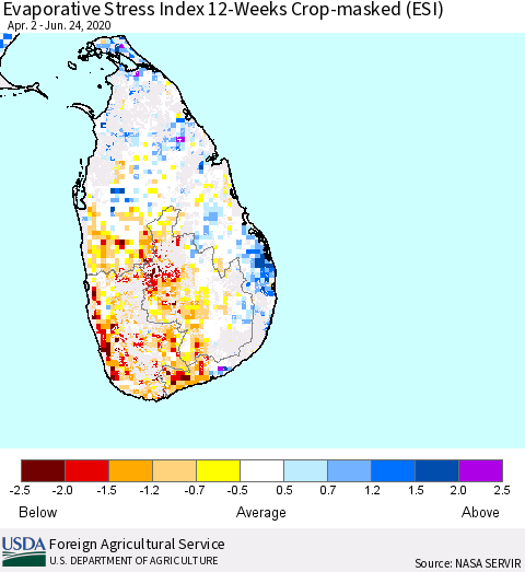 Sri Lanka Evaporative Stress Index (ESI), 12-Weeks over Croplands Thematic Map For 6/22/2020 - 6/28/2020