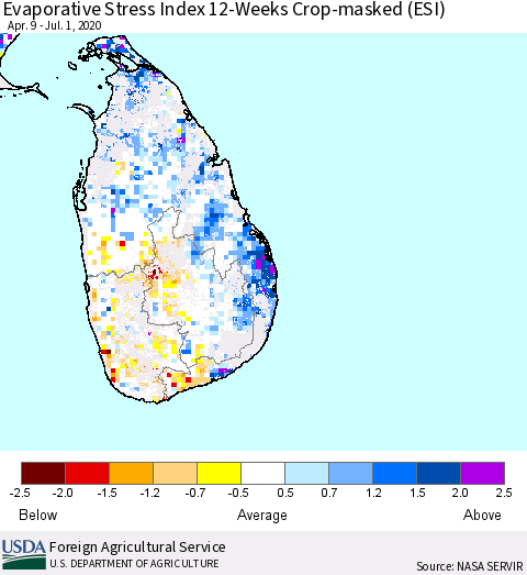 Sri Lanka Evaporative Stress Index (ESI), 12-Weeks over Croplands Thematic Map For 6/29/2020 - 7/5/2020