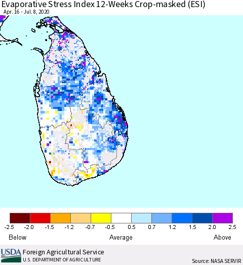 Sri Lanka Evaporative Stress Index (ESI), 12-Weeks over Croplands Thematic Map For 7/6/2020 - 7/12/2020