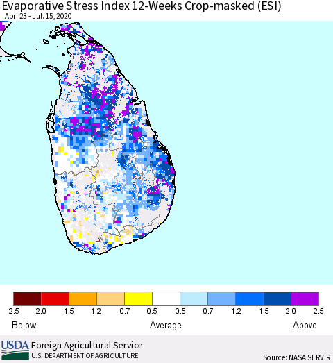 Sri Lanka Evaporative Stress Index (ESI), 12-Weeks over Croplands Thematic Map For 7/13/2020 - 7/19/2020