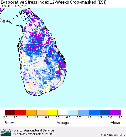 Sri Lanka Evaporative Stress Index (ESI), 12-Weeks over Croplands Thematic Map For 7/20/2020 - 7/26/2020