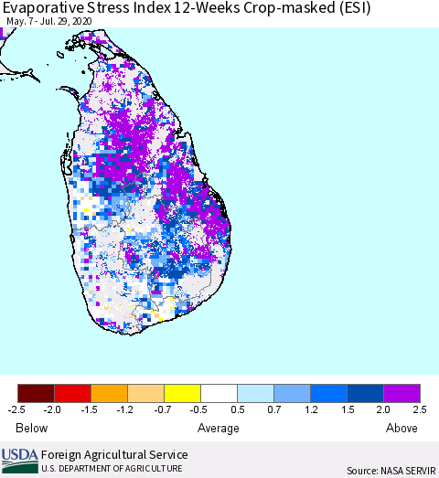 Sri Lanka Evaporative Stress Index (ESI), 12-Weeks over Croplands Thematic Map For 7/27/2020 - 8/2/2020