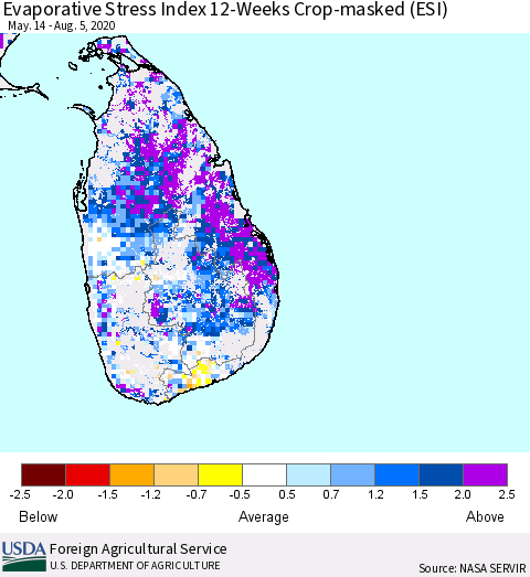 Sri Lanka Evaporative Stress Index (ESI), 12-Weeks over Croplands Thematic Map For 8/3/2020 - 8/9/2020