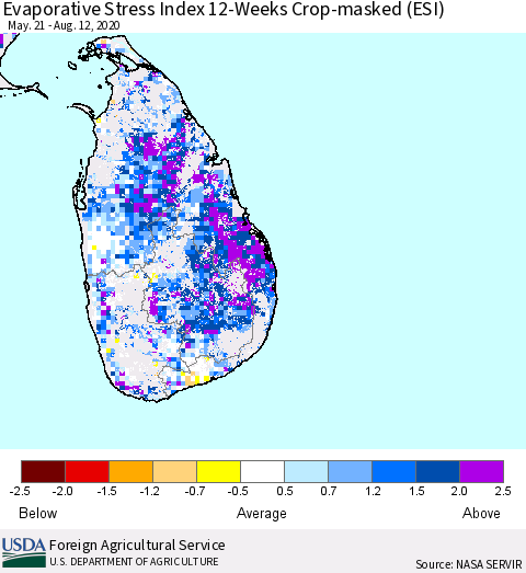 Sri Lanka Evaporative Stress Index (ESI), 12-Weeks over Croplands Thematic Map For 8/10/2020 - 8/16/2020