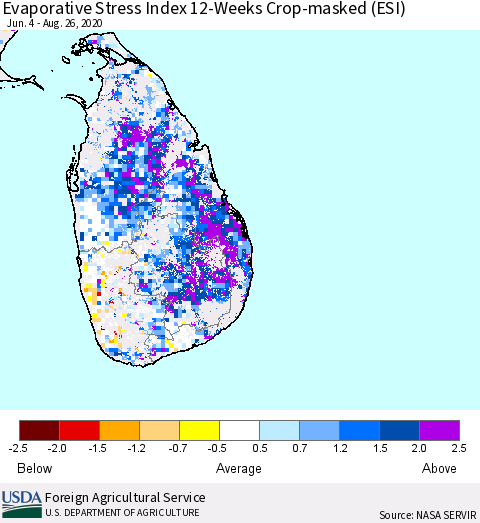 Sri Lanka Evaporative Stress Index (ESI), 12-Weeks over Croplands Thematic Map For 8/24/2020 - 8/30/2020
