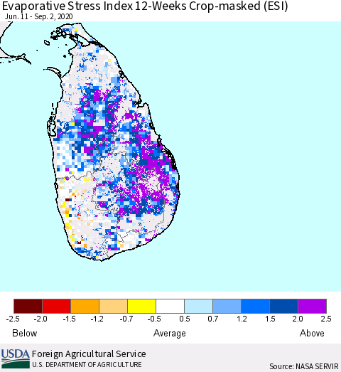 Sri Lanka Evaporative Stress Index (ESI), 12-Weeks over Croplands Thematic Map For 8/31/2020 - 9/6/2020