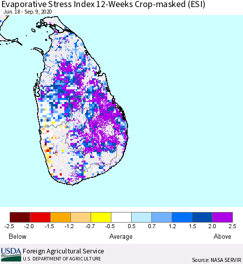 Sri Lanka Evaporative Stress Index (ESI), 12-Weeks over Croplands Thematic Map For 9/7/2020 - 9/13/2020