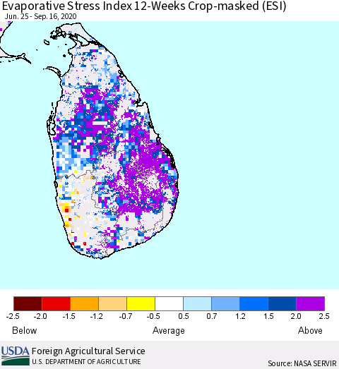 Sri Lanka Evaporative Stress Index (ESI), 12-Weeks over Croplands Thematic Map For 9/14/2020 - 9/20/2020