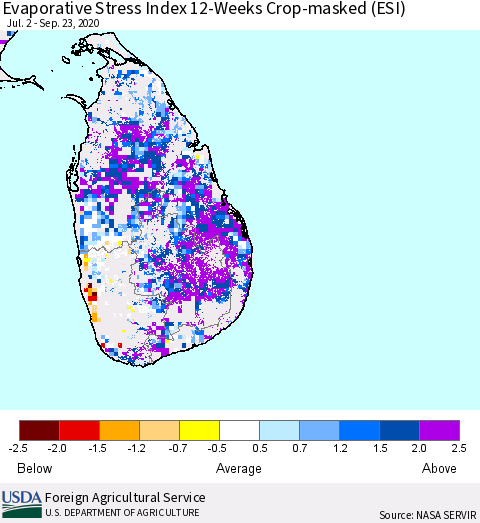 Sri Lanka Evaporative Stress Index (ESI), 12-Weeks over Croplands Thematic Map For 9/21/2020 - 9/27/2020