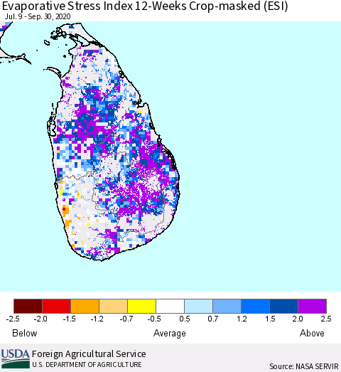 Sri Lanka Evaporative Stress Index (ESI), 12-Weeks over Croplands Thematic Map For 9/28/2020 - 10/4/2020