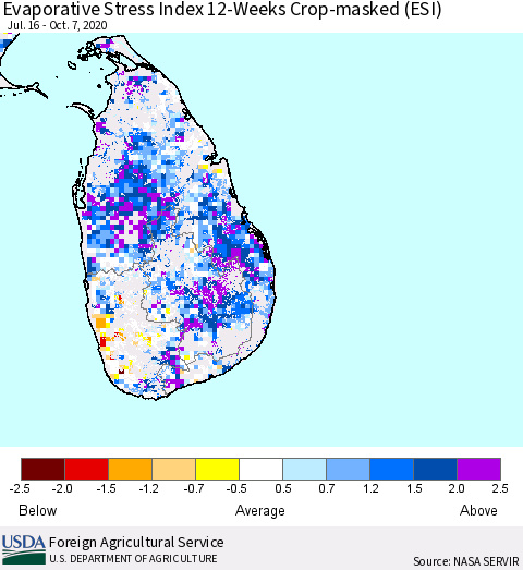 Sri Lanka Evaporative Stress Index 12-Weeks Crop-masked (ESI) Thematic Map For 10/5/2020 - 10/11/2020