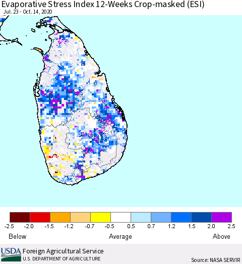 Sri Lanka Evaporative Stress Index 12-Weeks Crop-masked (ESI) Thematic Map For 10/12/2020 - 10/18/2020