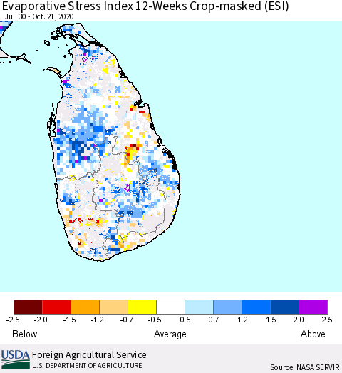 Sri Lanka Evaporative Stress Index (ESI), 12-Weeks over Croplands Thematic Map For 10/19/2020 - 10/25/2020