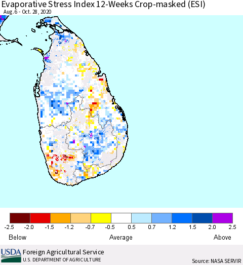 Sri Lanka Evaporative Stress Index (ESI), 12-Weeks over Croplands Thematic Map For 10/26/2020 - 11/1/2020