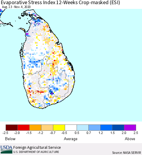 Sri Lanka Evaporative Stress Index 12-Weeks Crop-masked (ESI) Thematic Map For 11/2/2020 - 11/8/2020