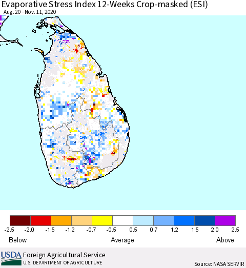 Sri Lanka Evaporative Stress Index (ESI), 12-Weeks over Croplands Thematic Map For 11/9/2020 - 11/15/2020