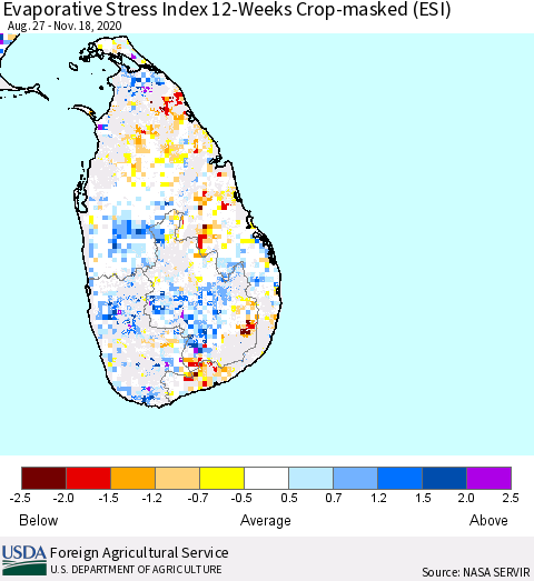 Sri Lanka Evaporative Stress Index 12-Weeks Crop-masked (ESI) Thematic Map For 11/16/2020 - 11/22/2020