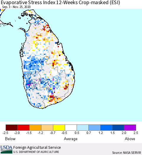 Sri Lanka Evaporative Stress Index (ESI), 12-Weeks over Croplands Thematic Map For 11/23/2020 - 11/29/2020