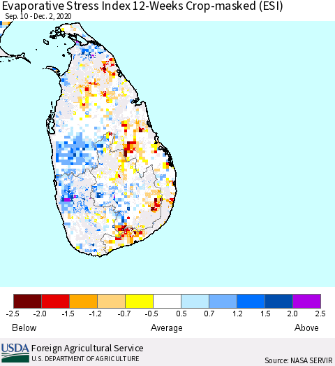Sri Lanka Evaporative Stress Index 12-Weeks Crop-masked (ESI) Thematic Map For 11/30/2020 - 12/6/2020