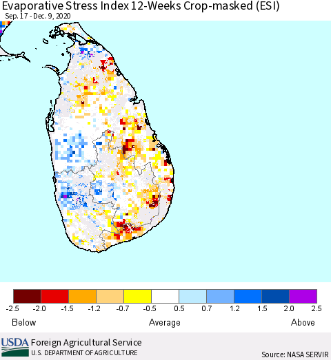 Sri Lanka Evaporative Stress Index 12-Weeks Crop-masked (ESI) Thematic Map For 12/7/2020 - 12/13/2020