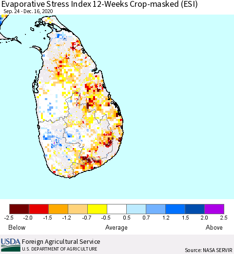 Sri Lanka Evaporative Stress Index 12-Weeks Crop-masked (ESI) Thematic Map For 12/14/2020 - 12/20/2020