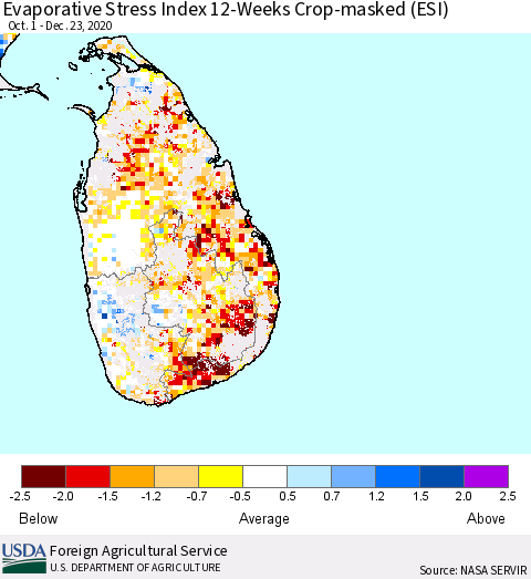 Sri Lanka Evaporative Stress Index 12-Weeks Crop-masked (ESI) Thematic Map For 12/21/2020 - 12/27/2020