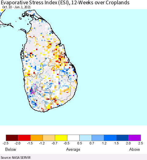 Sri Lanka Evaporative Stress Index (ESI), 12-Weeks over Croplands Thematic Map For 12/28/2020 - 1/3/2021