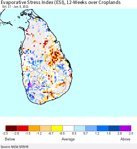 Sri Lanka Evaporative Stress Index 12-Weeks Crop-masked (ESI) Thematic Map For 1/4/2021 - 1/10/2021