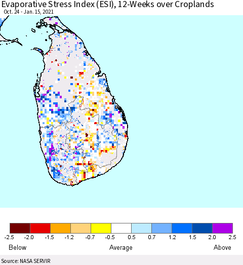 Sri Lanka Evaporative Stress Index 12-Weeks Crop-masked (ESI) Thematic Map For 1/11/2021 - 1/17/2021